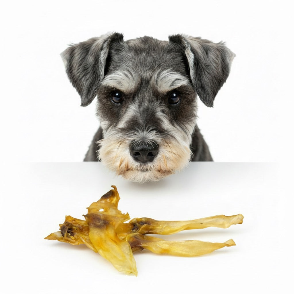 Schnauzer con orecchie di coniglio essiccate in primo piano – snack ipoallergenico 100% naturale | Gusto Pet Food | DOG IS GOOD