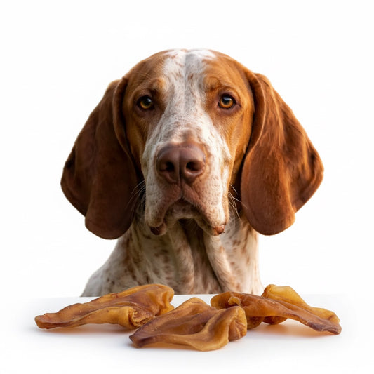 Bracco Italiano con orecchie di suino essiccate in primo piano – masticativo monoproteico 100% naturale | Gusto Pet Food | DOG IS GOOD
