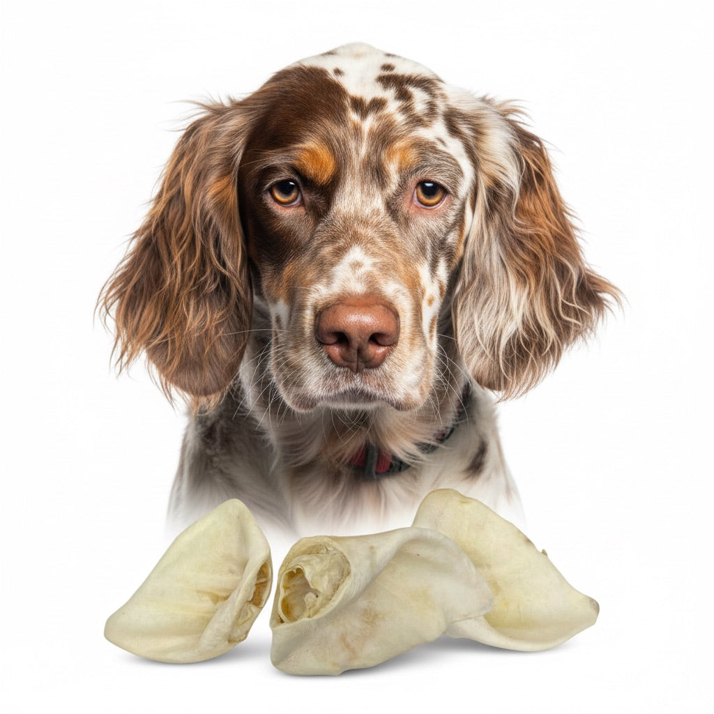 Setter Inglese con orecchie di suino soffiate al miele in primo piano – snack monoproteico 100% naturale | Gusto Pet Food | DOG IS GOOD