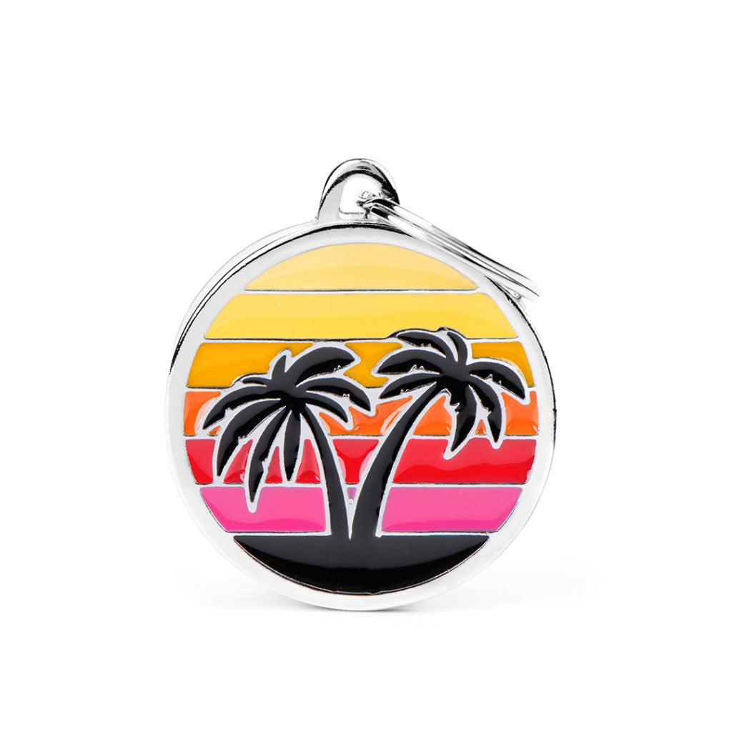 Medaglietta Palm Beach MyFamily con due palme nere su uno sfondo a strisce nei colori del tramonto