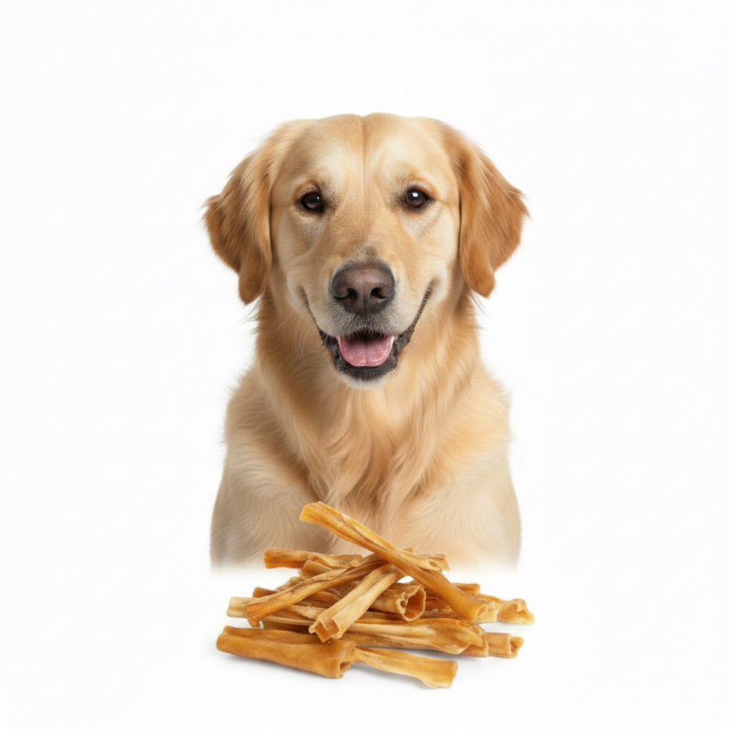 Golden Retriever con pelle di coniglio essiccata in primo piano – snack naturale ipoallergenico Gusto Pet Food | DOG IS GOOD
