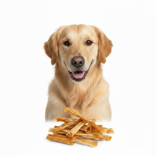 Golden Retriever con pelle di coniglio essiccata in primo piano – snack naturale ipoallergenico Gusto Pet Food | DOG IS GOOD