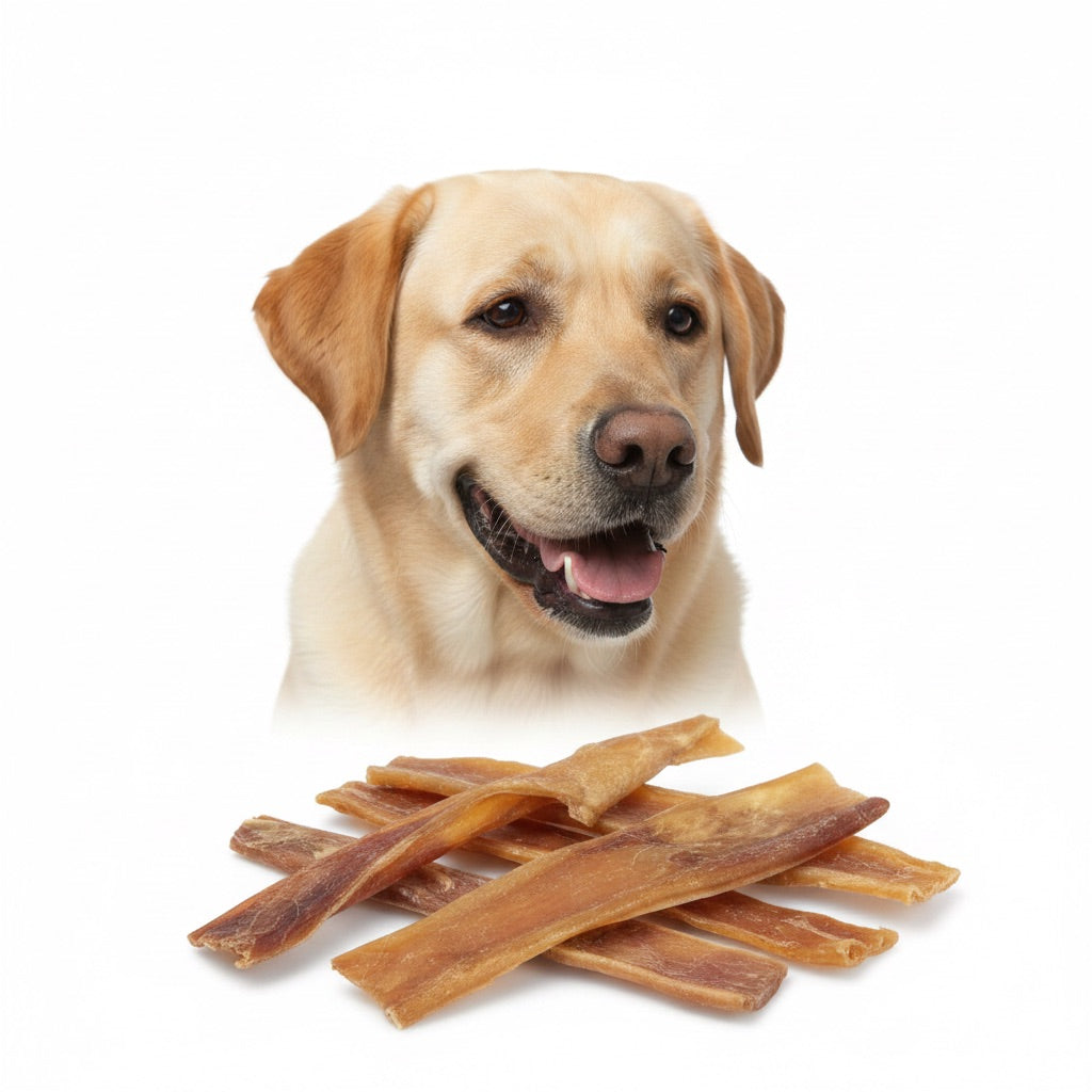 Labrador con pelle di manzo essiccata in primo piano – masticativo naturale ricco di collagene | Gusto Pet Food | DOG IS GOOD
