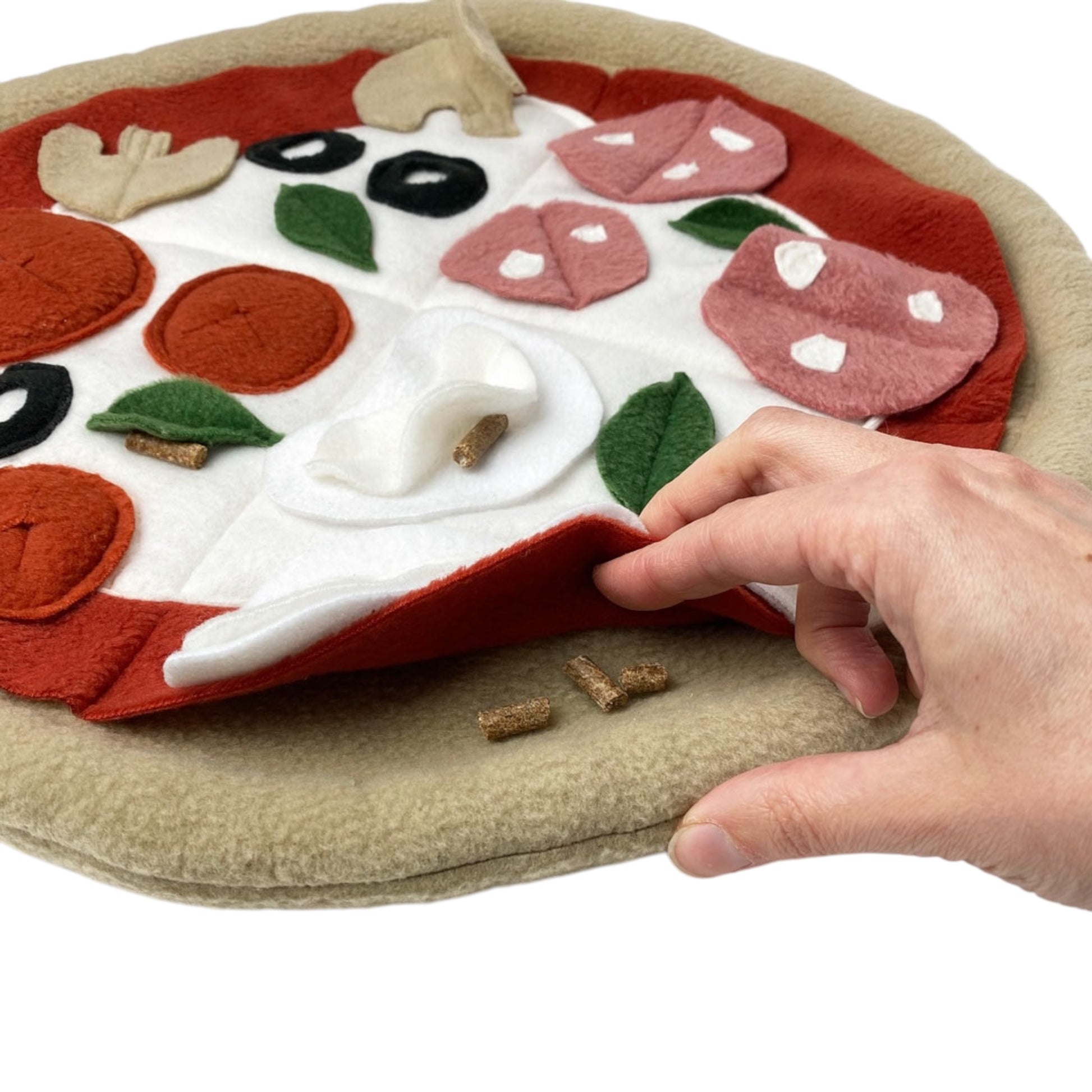 Dettagli strati gioco olfattivo a forma di pizza per cani – ideale per cuccioli, anziani e cani in riabilitazione, Made in Italy