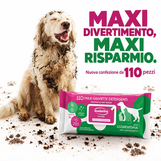 Cane dal pelo chiaro sporco di fango accanto alla confezione convenienza da 110 maxi salviette detergenti Inodorina alla clorexidina.