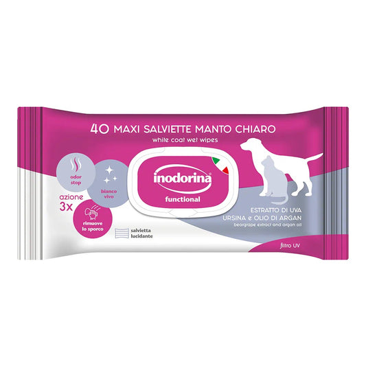 Confezione fucsia, grigia e bianca da 40 maxi salviette per manto chiaro, con coperchio centrale e sagome di un cane e un gatto.