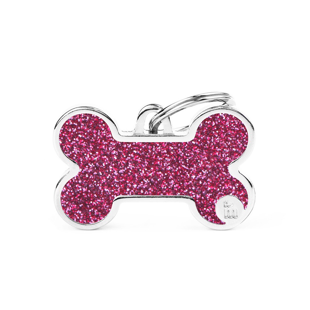 Medaglietta a forma di osso con glitter rosa per il collare del cane - Shine Osso Glitter Rosa MyFamily