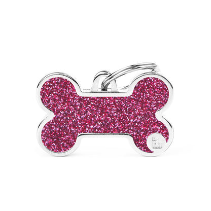 Medaglietta a forma di osso con glitter rosa per il collare del cane - Shine Osso Glitter Rosa MyFamily