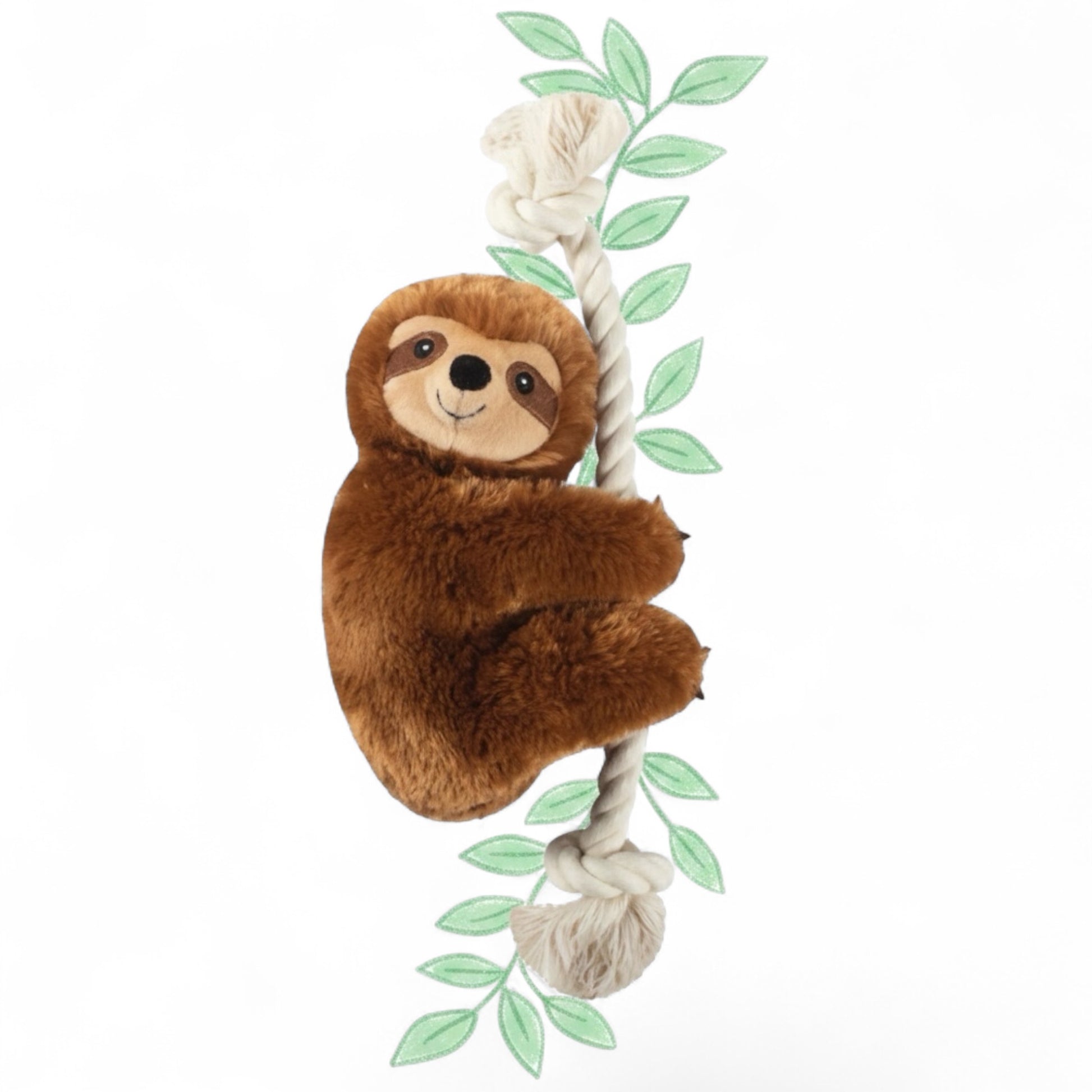 Sluggish Stanley bradipo peluche su corda con foglie illustrate – gioco per cani con squeaker | Fringe Studio