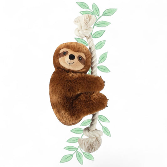 Sluggish Stanley bradipo peluche su corda con foglie illustrate – gioco per cani con squeaker | Fringe Studio