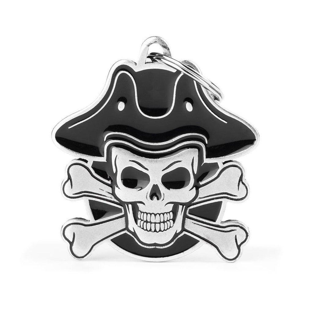 Medaglietta Teschio Pirata MyFamily vista frontale, con cappello da pirata e ossa incrociate