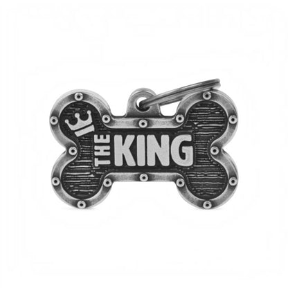 Medaglietta a osso in argento antico con scritta The King per cani - MyFamily