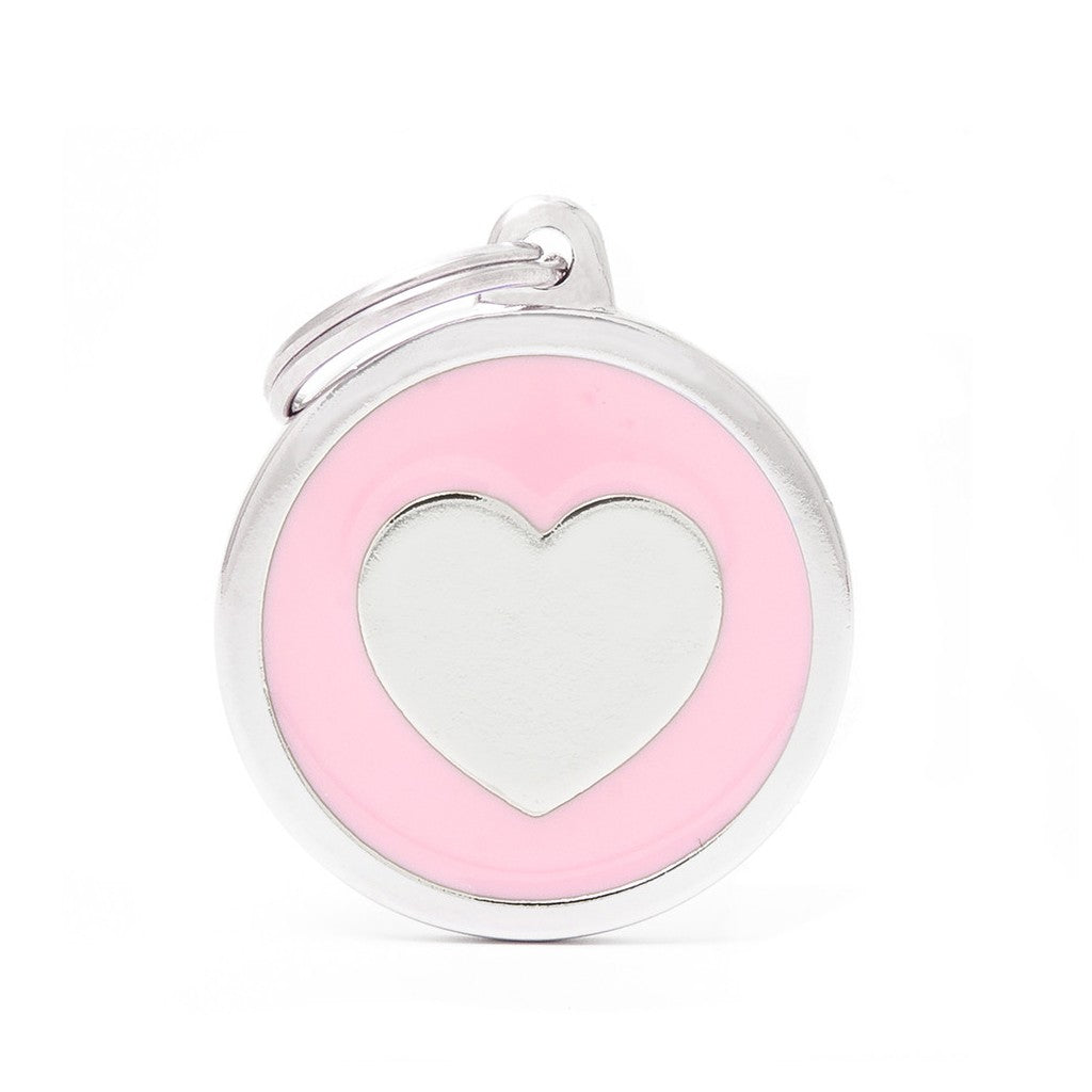 Medaglietta MyFamily tonda rosa con cuore centrale e anellino, vista frontale