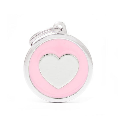 Medaglietta MyFamily tonda rosa con cuore centrale e anellino, vista frontale