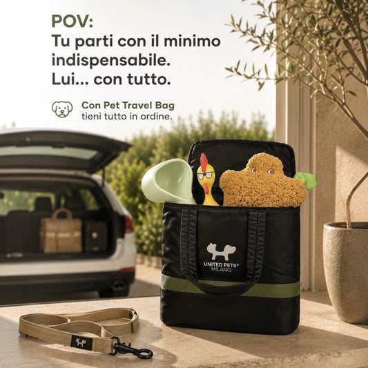 Pet Travel Bag United Pets Milano nera con accessori per cani - ciotola, giochi e guinzaglio, pronta per il viaggio in auto