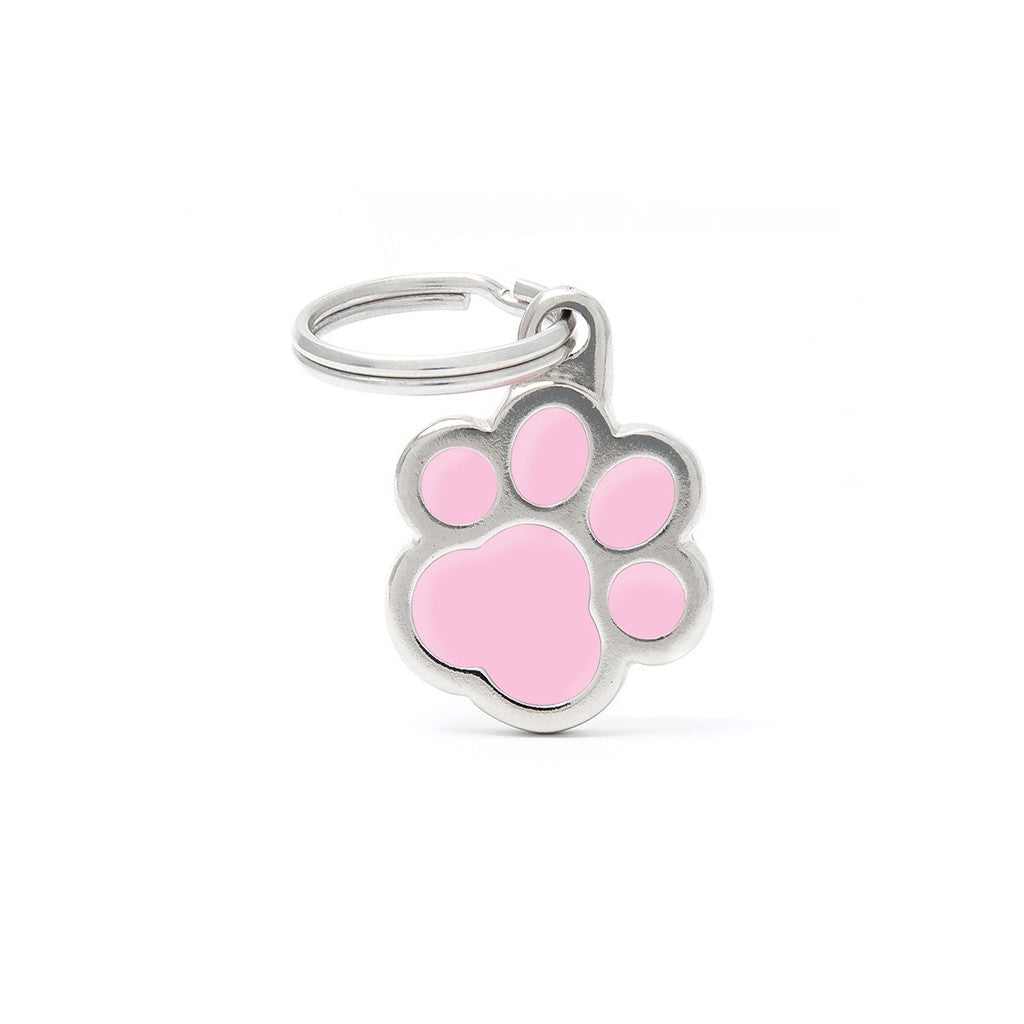 Medaglietta Zampa Rosa Classic MyFamily a forma di impronta rosa con bordo argentato e anellino