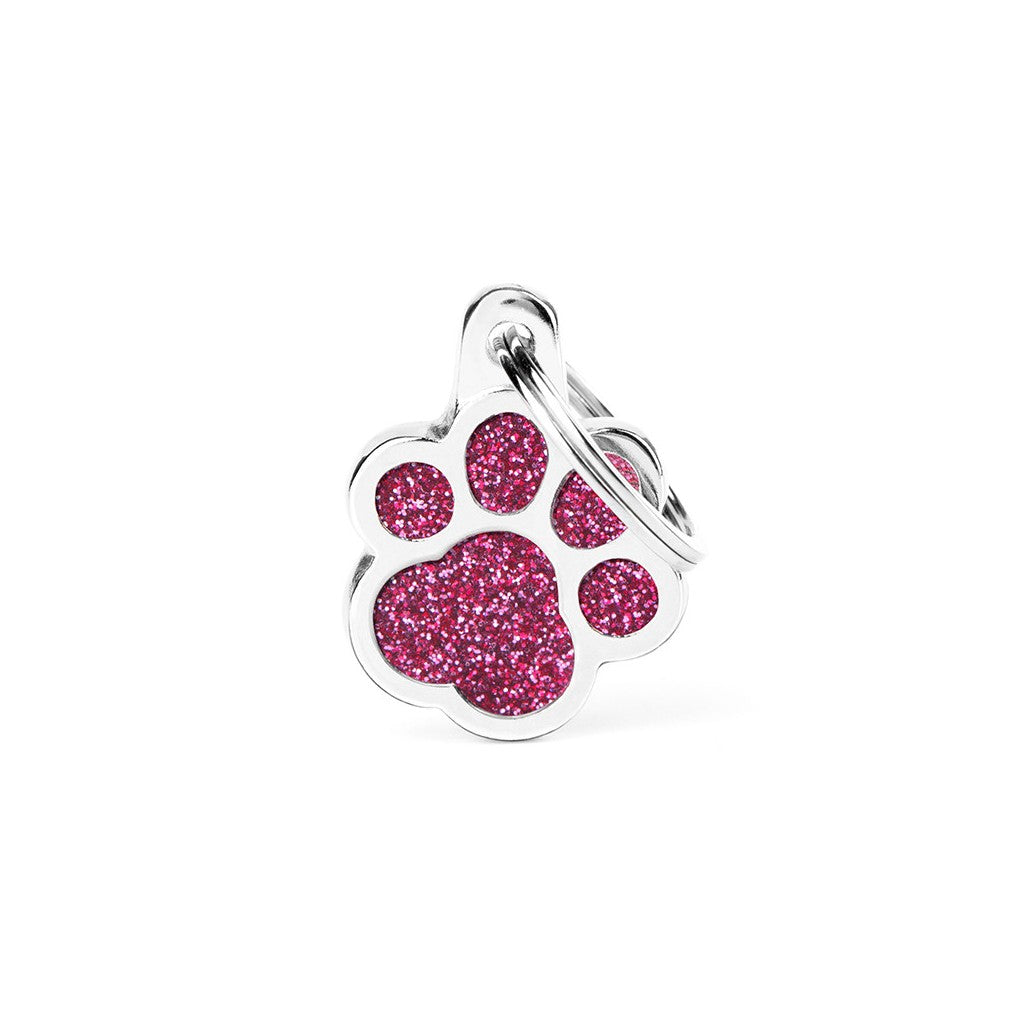 Medaglietta Zampa Rosa Shine Glitter MyFamily a forma di impronta rosa scintillante con bordo argentato