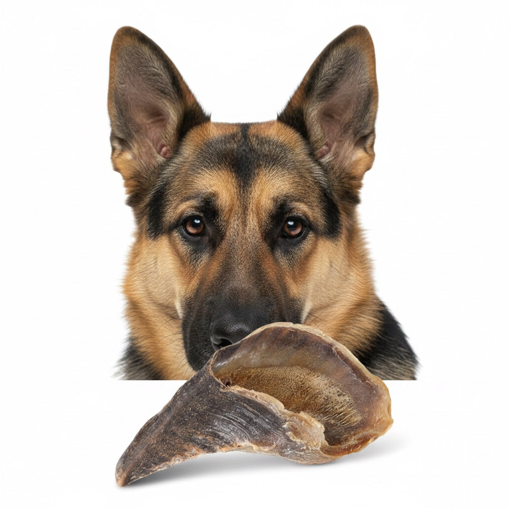 Pastore Tedesco con zoccolo di bovino al naturale in primo piano – masticativo duro 100% cheratina | Gusto Pet Food | DOG IS GOOD