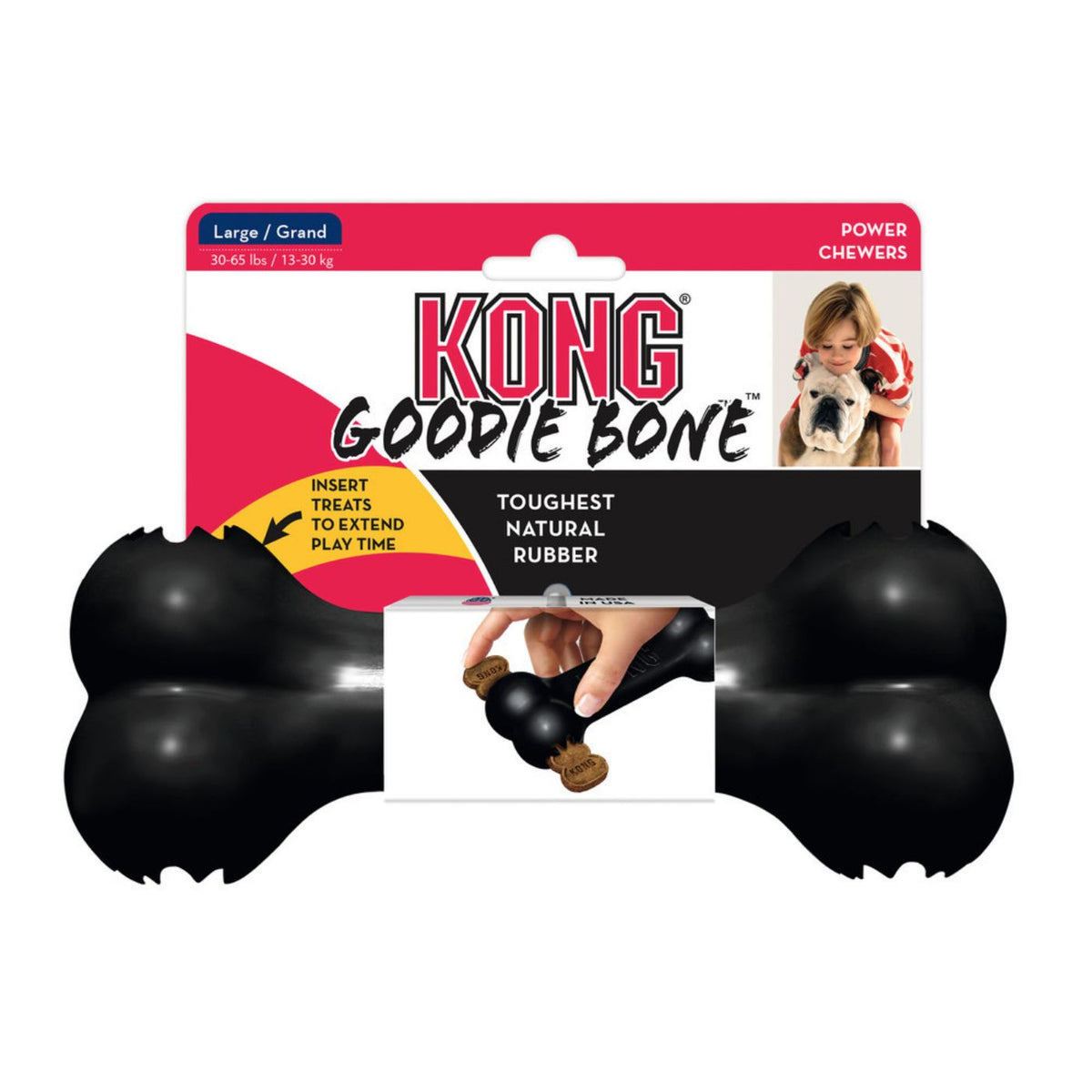 Confezione KONG Extreme Goodie Bone Large e gioco da masticare nero in gomma con cavità per snack
