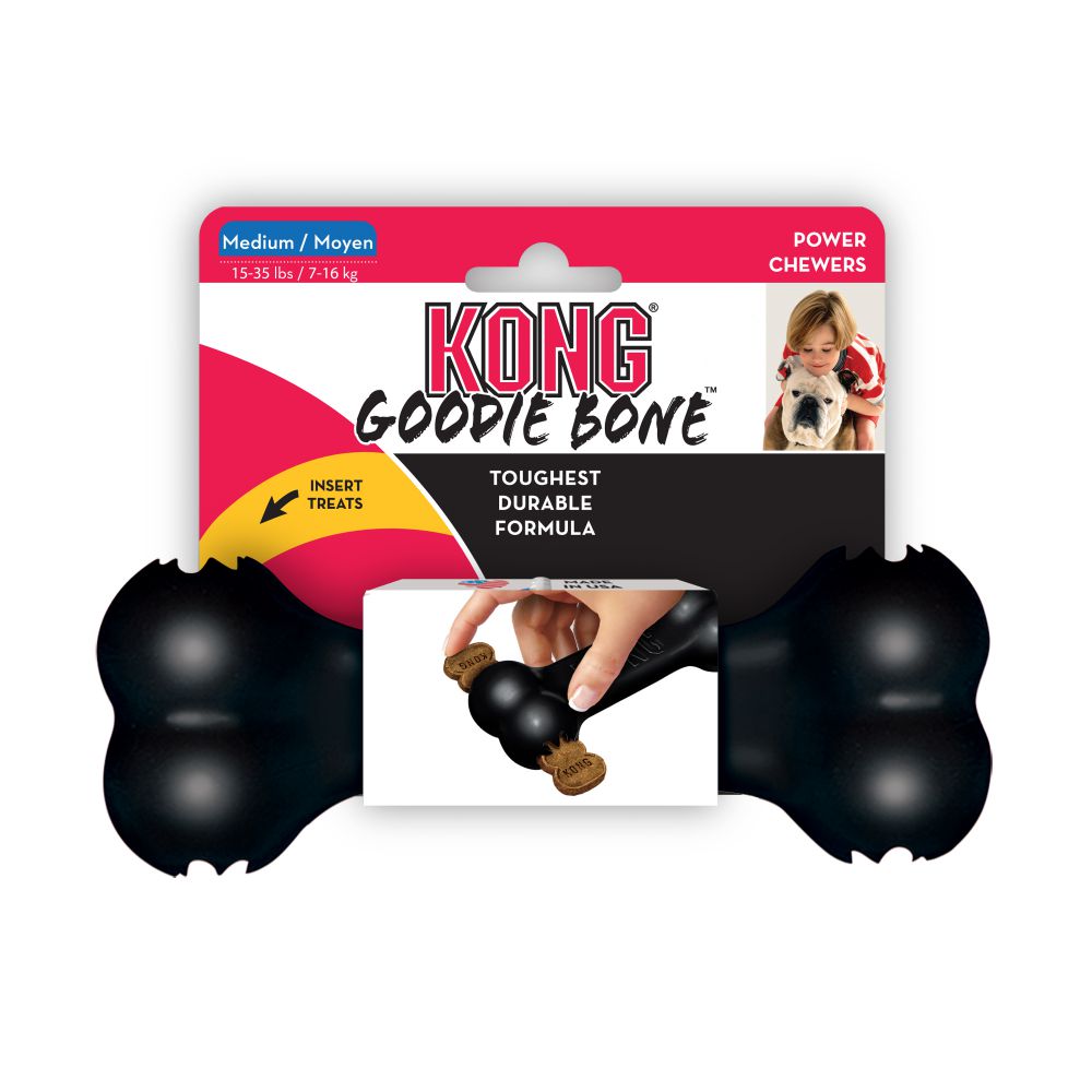Confezione KONG Extreme Goodie Bone Medium e gioco da masticare nero in gomma con cavità per snack